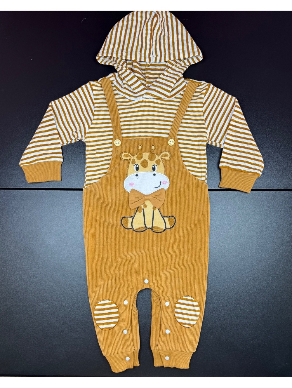 Baby 12-18M Giraffe Romper Brown Corduroy Hooded Striped Faux Overall One Piece